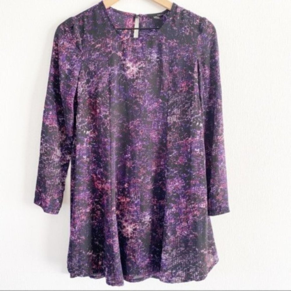Aqua Purple Galaxy Print Long Sleeve Flared Knit Mini Swing Dress NWT X-Small